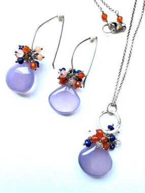 Necklace and Earring Set Lavender Stone wire wrap Dangle Handmade Wire Wrap